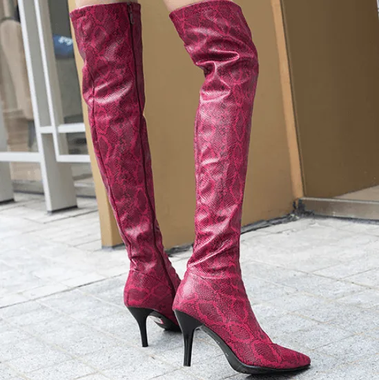 Snakeskin Leather High Heel Over Knee Boots