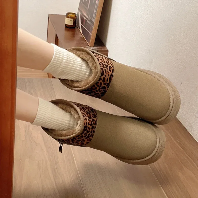 Sohiwoo Leopard Print Faux Suede Snow Boots Women Anti Slip Thicken Plush Winter Botas Mujer Platform Warm Ankle Boots Woman