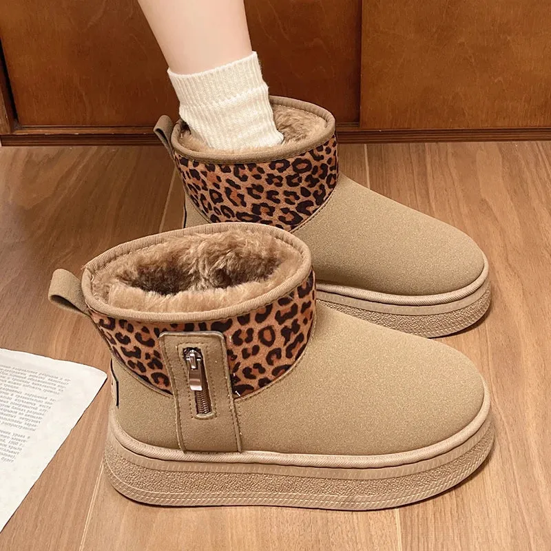 Sohiwoo Leopard Print Faux Suede Snow Boots Women Anti Slip Thicken Plush Winter Botas Mujer Platform Warm Ankle Boots Woman