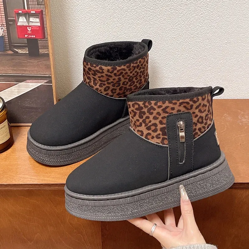Sohiwoo Leopard Print Faux Suede Snow Boots Women Anti Slip Thicken Plush Winter Botas Mujer Platform Warm Ankle Boots Woman