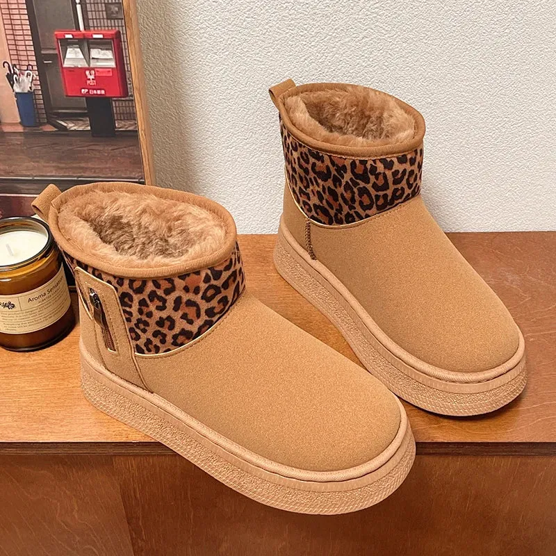 Sohiwoo Leopard Print Faux Suede Snow Boots Women Anti Slip Thicken Plush Winter Botas Mujer Platform Warm Ankle Boots Woman