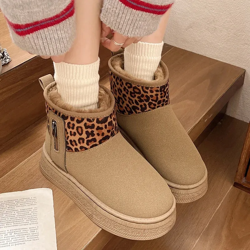 Sohiwoo Leopard Print Faux Suede Snow Boots Women Anti Slip Thicken Plush Winter Botas Mujer Platform Warm Ankle Boots Woman