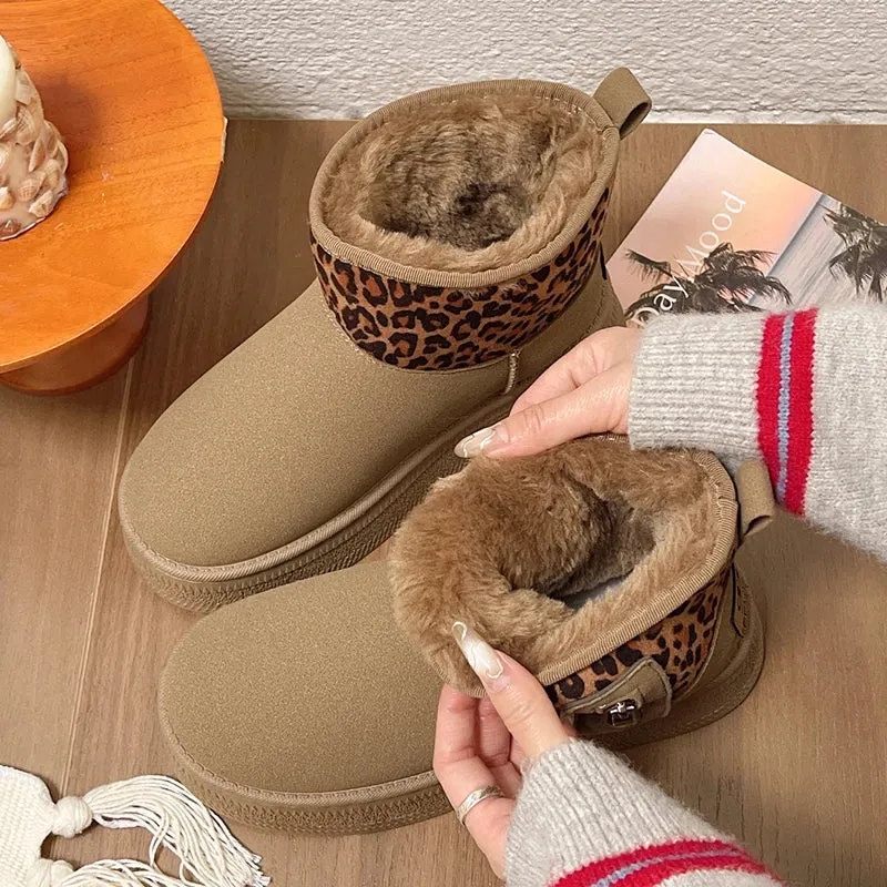 Sohiwoo Leopard Print Faux Suede Snow Boots Women Anti Slip Thicken Plush Winter Botas Mujer Platform Warm Ankle Boots Woman