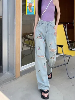 Spring 2024 Heavy Floral Embroidered Ripped Light Blue Jeans for Women – High-Waist Slimming Straight-Leg Wide Pants