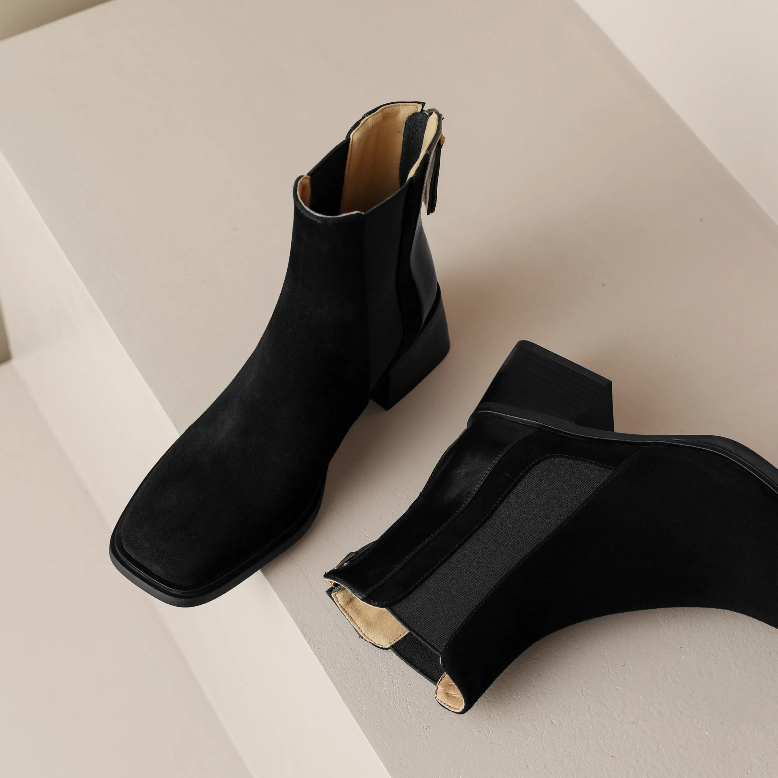 TinaCus Handmade Women's Suede Leather Patchwork Stretch Back Zipper Square Toe Mid Chunky Heel Ankle Boots