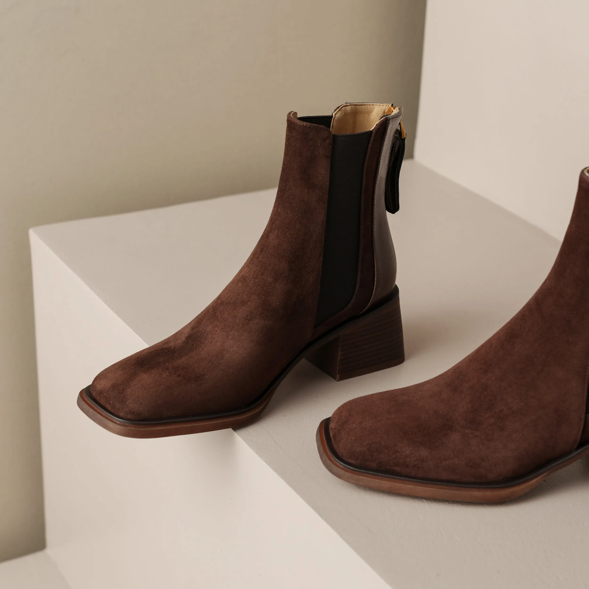 TinaCus Handmade Women's Suede Leather Patchwork Stretch Back Zipper Square Toe Mid Chunky Heel Ankle Boots