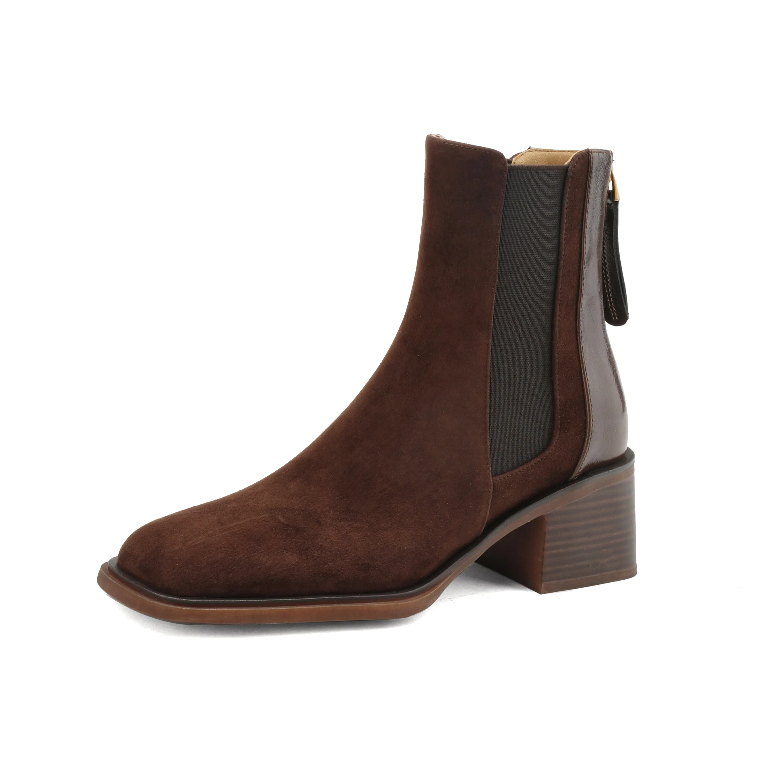 TinaCus Handmade Women's Suede Leather Patchwork Stretch Back Zipper Square Toe Mid Chunky Heel Ankle Boots