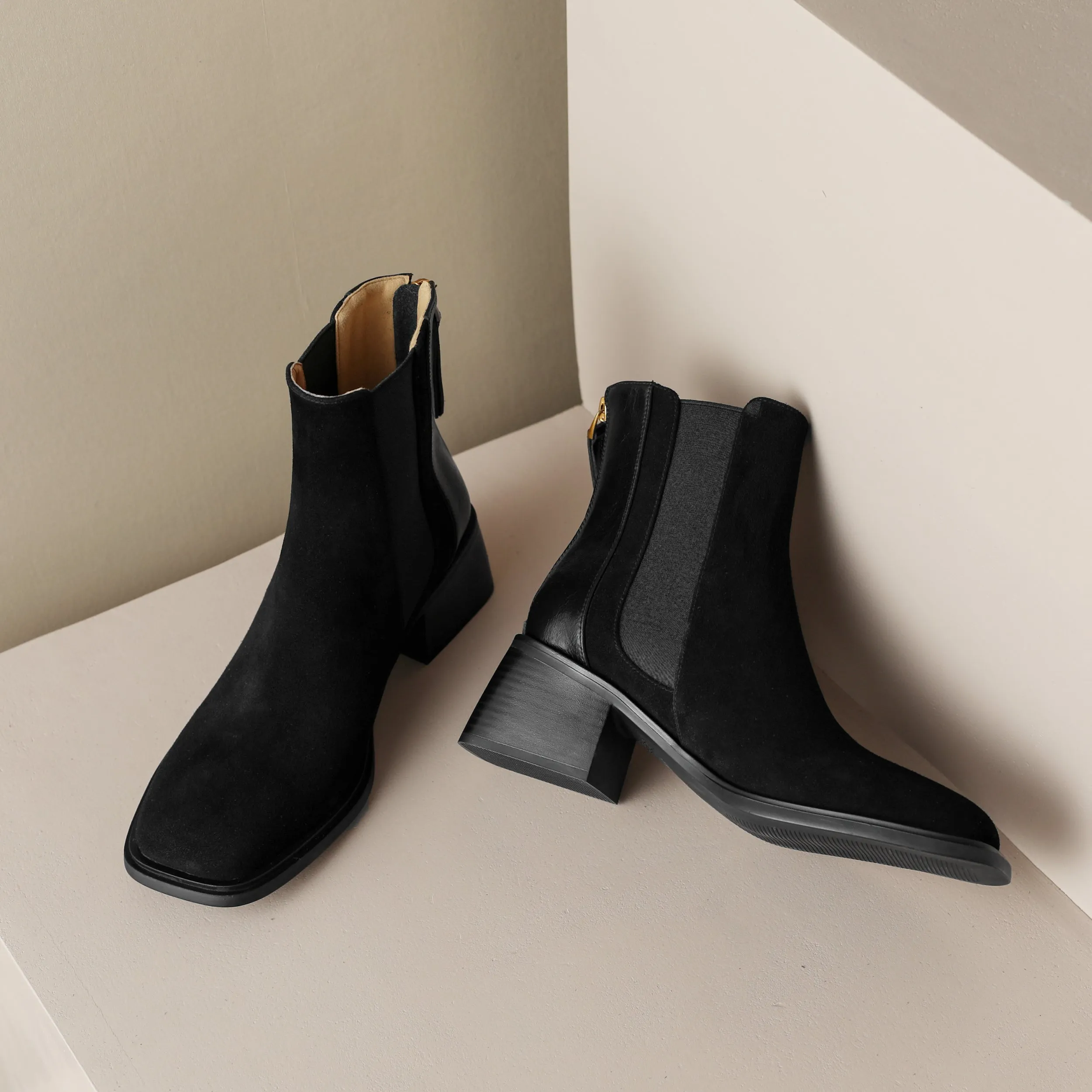 TinaCus Handmade Women's Suede Leather Patchwork Stretch Back Zipper Square Toe Mid Chunky Heel Ankle Boots