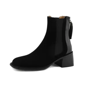 TinaCus Handmade Women's Suede Leather Patchwork Stretch Back Zipper Square Toe Mid Chunky Heel Ankle Boots