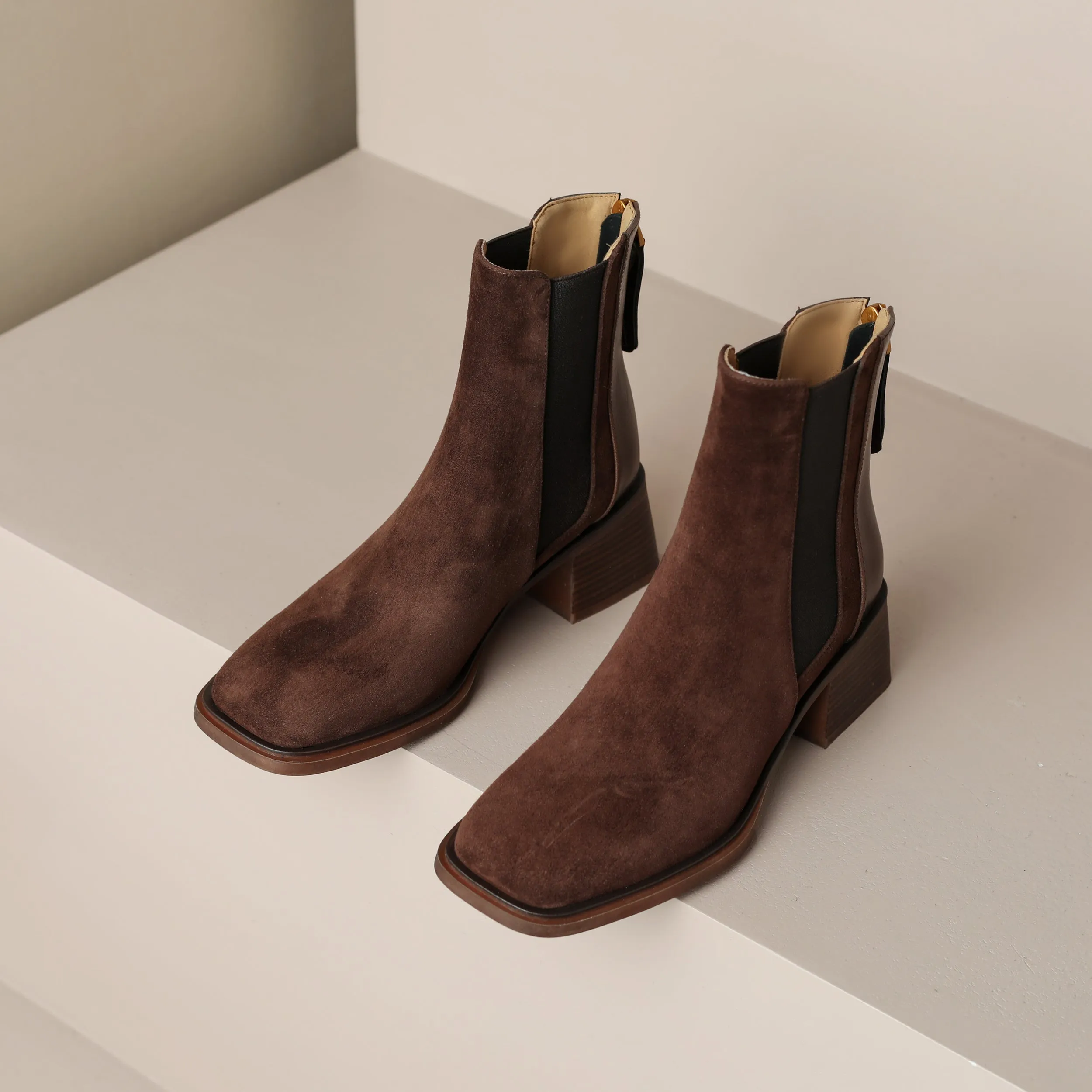 TinaCus Handmade Women's Suede Leather Patchwork Stretch Back Zipper Square Toe Mid Chunky Heel Ankle Boots