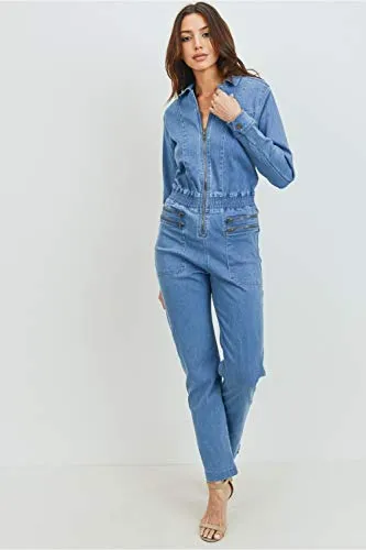 Women's Casual Long Sleeve Denim Jumpsuit Zipper Closure with Smocking details At Waist