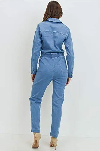 Women's Casual Long Sleeve Denim Jumpsuit Zipper Closure with Smocking details At Waist
