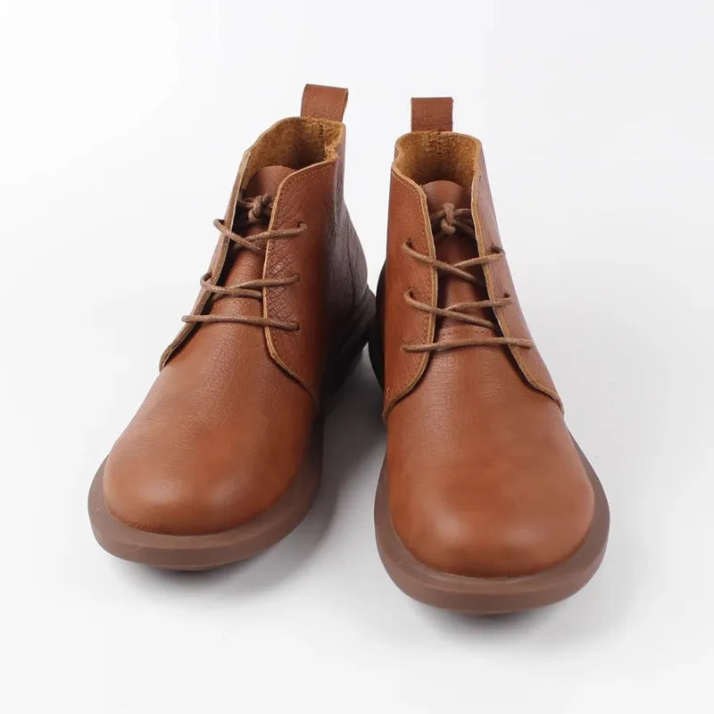 Womens Head Layer Cowhide Retro Short Boots Soft Sole Lace Up British Style Shoes