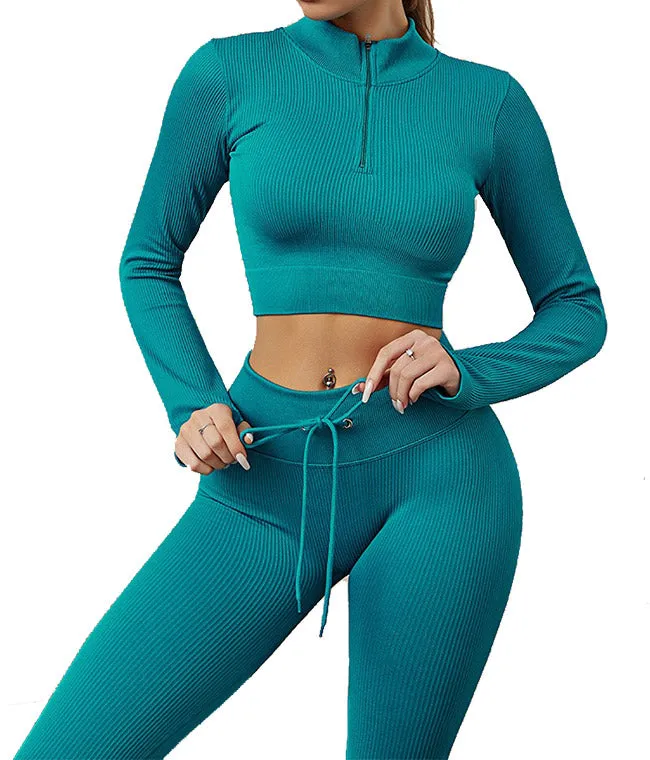 Womens High Waisted Workout  2 Piece Sets Crop Top and Sweatsuit  Pants Seamless Sports Legging  Yoga Gym Outfits Pinstripe elasticity structure
