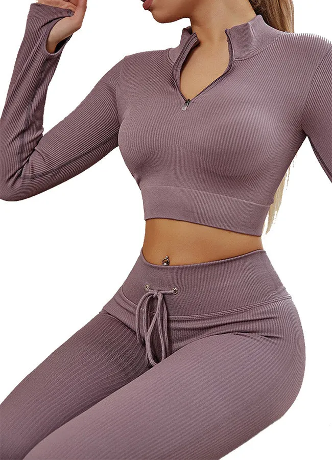 Womens High Waisted Workout  2 Piece Sets Crop Top and Sweatsuit  Pants Seamless Sports Legging  Yoga Gym Outfits Pinstripe elasticity structure